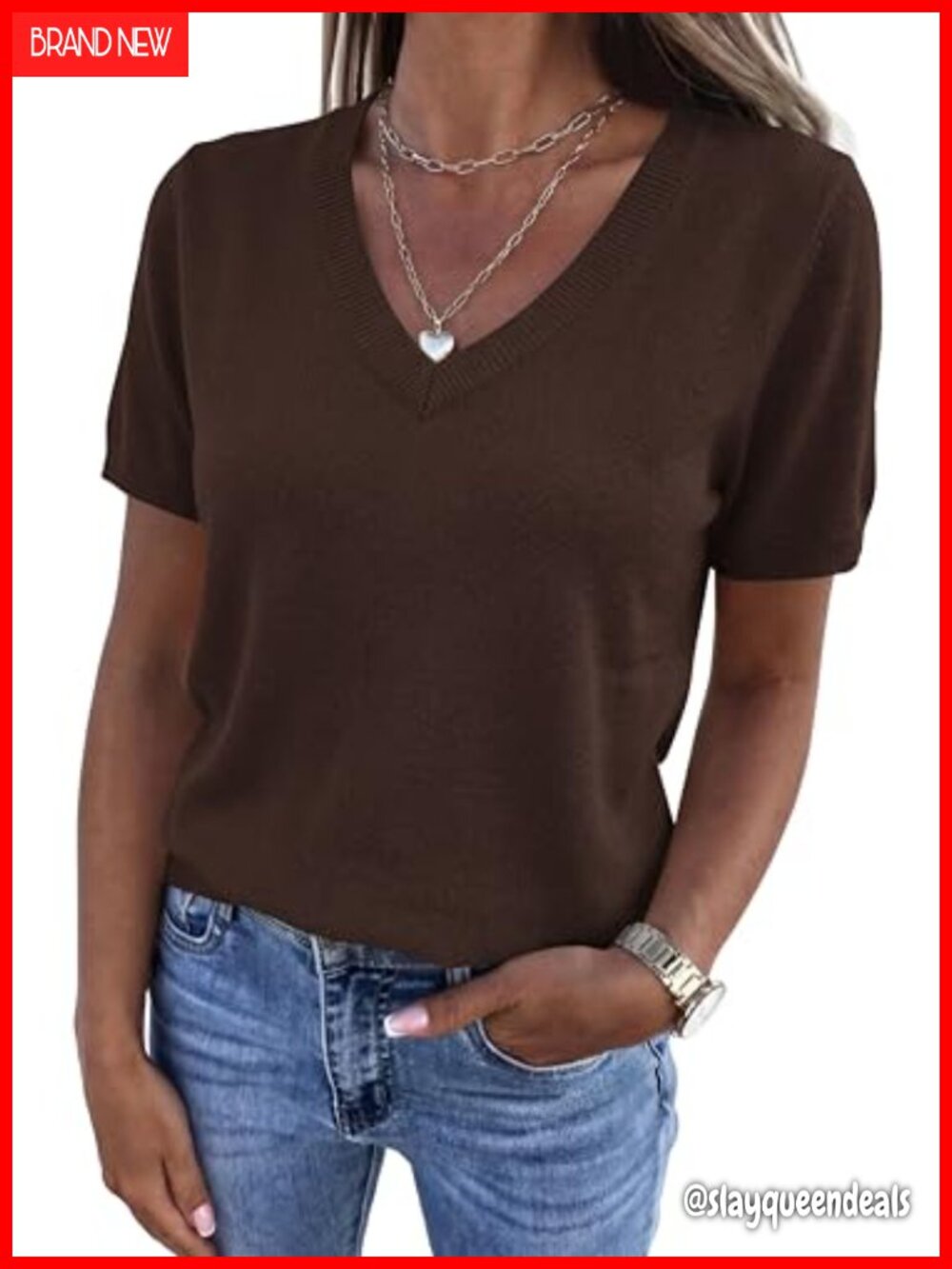 Short Sleeve V Neck Sweater Pullover - Lightweight Knit Top for Work